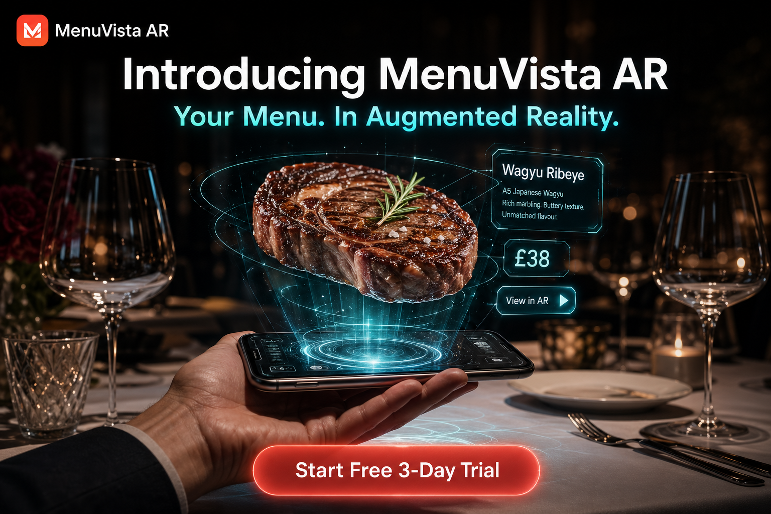 MenuVista AR launch: smartphone with holographic Wagyu dish, introducing augmented reality menus for restaurants